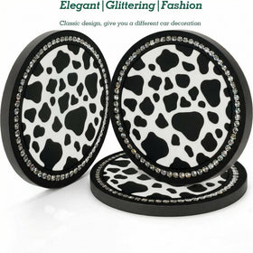 2PCS Bling Cow Print Car Accessories for Women Universal Auto Cute Anti Slip Cup Holder Insert Coaster - 0