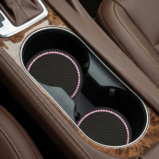 2PCS Bling Car Cup Coaster Universal Holder Insert Rhinestone Anti Slip Silicone Accessories Suitable for Most Interior Best Gift Women Black and Pink