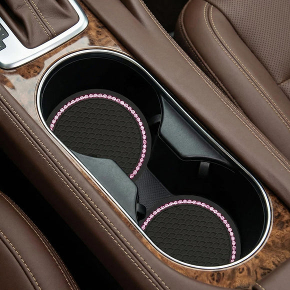 2PCS Bling Car Cup Coaster Universal Holder Insert Rhinestone Anti Slip Silicone Accessories Suitable for Most Interior Best Gift Women Black and Pink