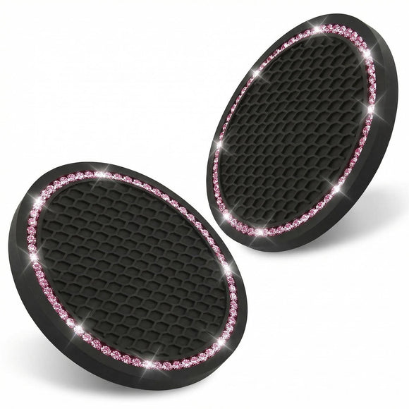 2PCS Bling Car Cup Coaster Universal Holder Insert Rhinestone Anti Slip Silicone Accessories Suitable for Most Interior Best Gift Women Black and Pink
