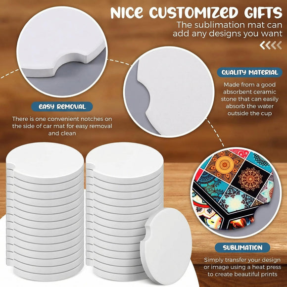 Ceramic Car Sublimation Blanks Cupholders Sandstone for Car Cup with Finger Notch for Easy Removal Ceramic Auto Cupholder Keep Vehicle from Cold Drink Sweat Stain Spill(24 Pieces)