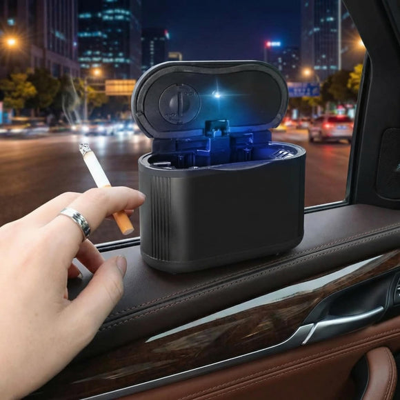 Multi-spot Placed Car Ashtray Removable Detachable Alloy with Lid Blue Led Clamped&Glued Beside Door Air Outlet Behind Seat Black