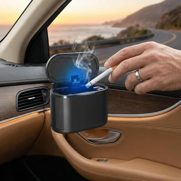 Multi-spot Placed Car Ashtray Removable Detachable Alloy with Lid Blue Led Clamped&Glued Beside Door Air Outlet Behind Seat Black