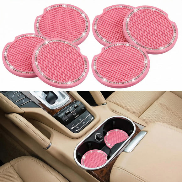 4PCS Bling Coaster 2.75 Inch Auto Car Cup Holder Insert Coasters Silicone Anti-Slip Crystal Rhinestone Drink Mat Universal Vehicle Interior Accessories for Women Girls (Pink)