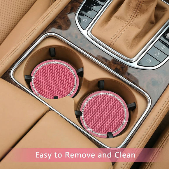 4PCS Bling Coaster 2.75 Inch Auto Car Cup Holder Insert Coasters Silicone Anti-Slip Crystal Rhinestone Drink Mat Universal Vehicle Interior Accessories for Women Girls (Pink)