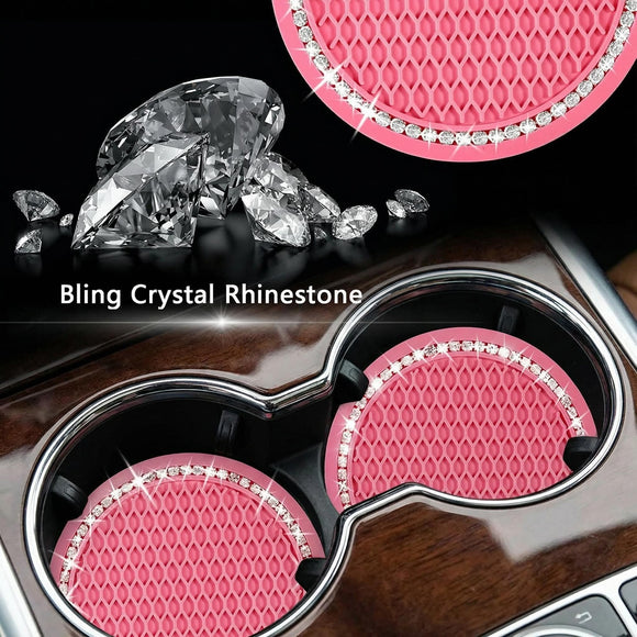 4PCS Bling Coaster 2.75 Inch Auto Car Cup Holder Insert Coasters Silicone Anti-Slip Crystal Rhinestone Drink Mat Universal Vehicle Interior Accessories for Women Girls (Pink)