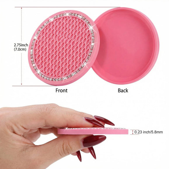 4PCS Bling Coaster 2.75 Inch Auto Car Cup Holder Insert Coasters Silicone Anti-Slip Crystal Rhinestone Drink Mat Universal Vehicle Interior Accessories for Women Girls (Pink)