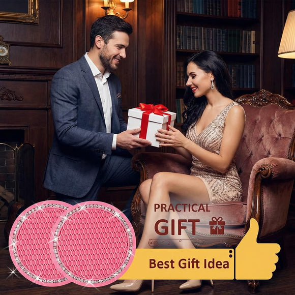 4PCS Bling Coaster 2.75 Inch Auto Car Cup Holder Insert Coasters Silicone Anti-Slip Crystal Rhinestone Drink Mat Universal Vehicle Interior Accessories for Women Girls (Pink)