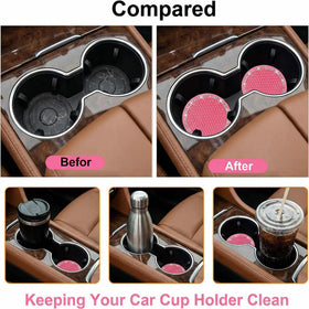 4PCS Bling Coaster 2.75 Inch Auto Car Cup Holder Insert Coasters Silicone Anti-Slip Crystal Rhinestone Drink Mat Universal Vehicle Interior Accessories for Women Girls (Pink) - 0
