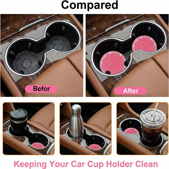 4PCS Bling Coaster 2.75 Inch Auto Car Cup Holder Insert Coasters Silicone Anti-Slip Crystal Rhinestone Drink Mat Universal Vehicle Interior Accessories for Women Girls (Pink)