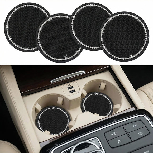 4PCS 2.75 Inch Bling Auto Car Cup Holder Insert Coasters Silicone Anti-Slip Crystal Rhinestone Drink Car Cup Mat Universal Vehicle Interior Accessories for Women Girls (Black)
