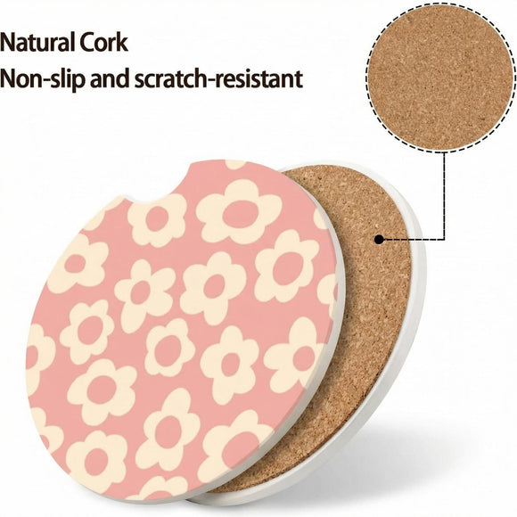 Abstract Pink Flower Absorbent Car Cup Coasters Cup Holders Cork Base Drink Coasters with Finger Notch for Easy Move of Car Cup Holder for Women Men 2.6(2 Pieces)