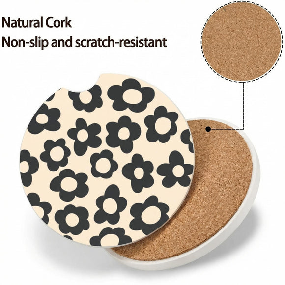 Abstract Black Flower Absorbent Car Cup Coasters Cup Holders Cork Base Drink Coasters with Finger Notch for Easy Move of Car Cup Holder for Women Men 2.6(2 Pieces)