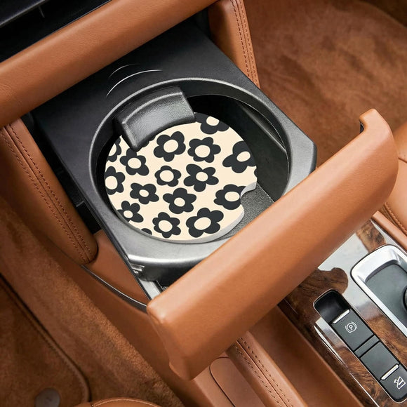 Abstract Black Flower Absorbent Car Cup Coasters Cup Holders Cork Base Drink Coasters with Finger Notch for Easy Move of Car Cup Holder for Women Men 2.6(2 Pieces)