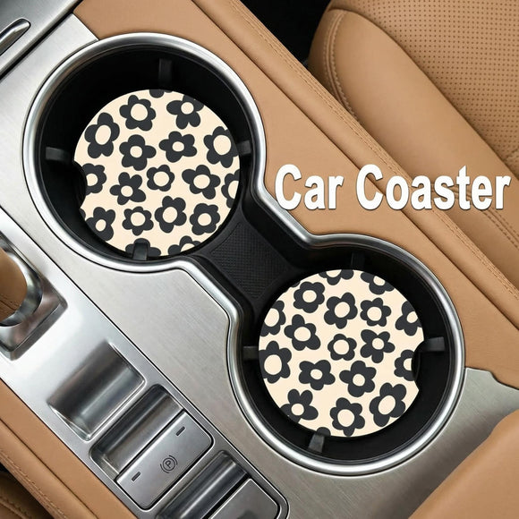 Abstract Black Flower Absorbent Car Cup Coasters Cup Holders Cork Base Drink Coasters with Finger Notch for Easy Move of Car Cup Holder for Women Men 2.6(2 Pieces)