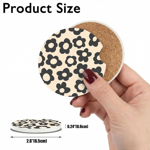 Abstract Black Flower Absorbent Car Cup Coasters Cup Holders Cork Base Drink Coasters with Finger Notch for Easy Move of Car Cup Holder for Women Men 2.6(2 Pieces)