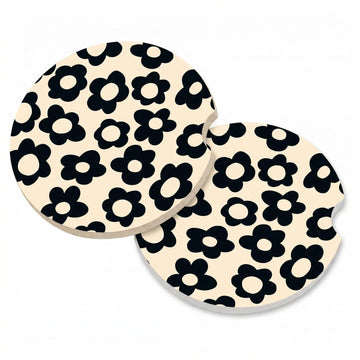 Abstract Black Flower Absorbent Car Cup Coasters Cup Holders Cork Base Drink Coasters with Finger Notch for Easy Move of Car Cup Holder for Women Men 2.6(2 Pieces) - 0