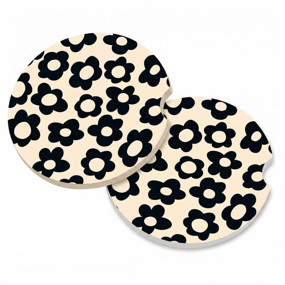 Abstract Black Flower Absorbent Car Cup Coasters Cup Holders Cork Base Drink Coasters with Finger Notch for Easy Move of Car Cup Holder for Women Men 2.6(2 Pieces)