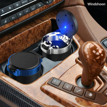 Smokeless Car Ashtray with Lid - Stainless Steel Inner Container Windproof Ashtray Portable LED Blue Light Auto Accessories for Travel Detachable Mini Trash Can (Blue 1-Pack)