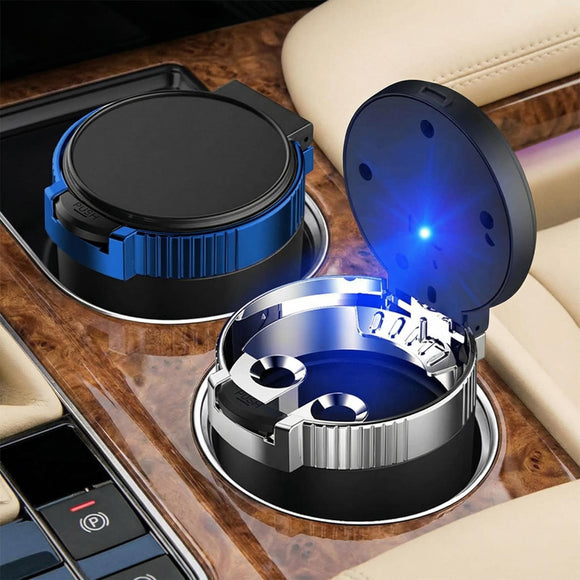 Smokeless Car Ashtray with Lid - Stainless Steel Inner Container Windproof Ashtray Portable LED Blue Light Auto Accessories for Travel Detachable Mini Trash Can (Blue 1-Pack)
