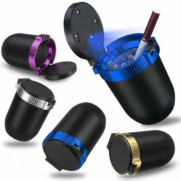 Smokeless Car Ashtray with Lid - Stainless Steel Inner Container Windproof Ashtray Portable LED Blue Light Auto Accessories for Travel Detachable Mini Trash Can (Blue 1-Pack) - 0