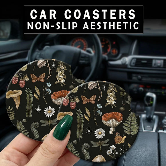 2 Pack Universal Ceramic Car Nature Mushroom Pattern Vintage Ceramic Stone with A Finger Notch for Easy Removal of Car Cup Holder Coaster