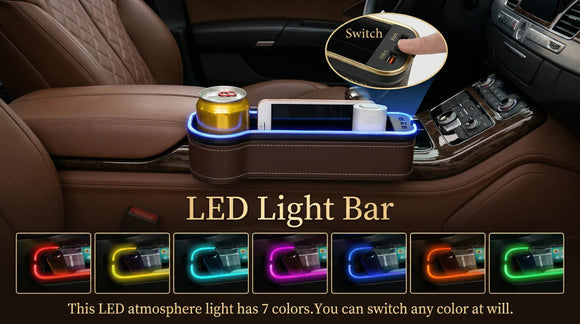 RGB Color Changing LED Car Seat Gap Filler Organizer Console Side Seat Gap Storage Box with Cup Holders and USB Chargers for Car Interior Accessories (2 Pack)