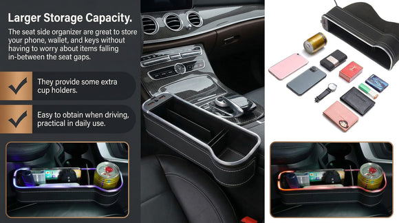 RGB Color Changing LED Car Seat Gap Filler Organizer Console Side Seat Gap Storage Box with Cup Holders and USB Chargers for Car Interior Accessories (2 Pack)