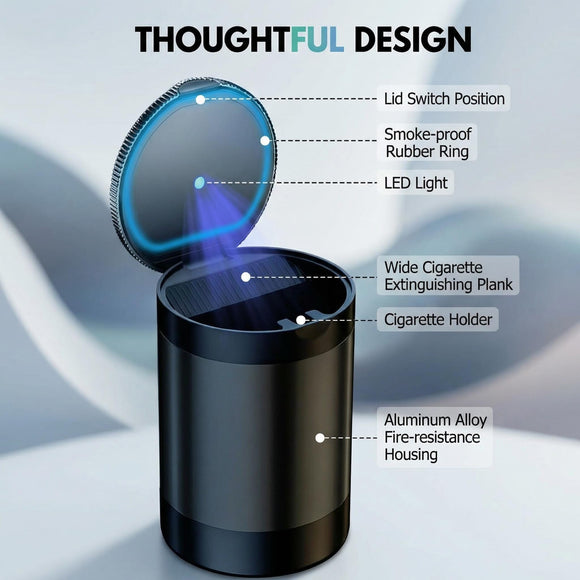 Ashtray with Lid Smellproof & Smokeproof Cup Holder Ashtray Portable Mini Car Trash Can Detachable Aluminum Alloy Smokeless Car Ashtray with Automatic LED Light