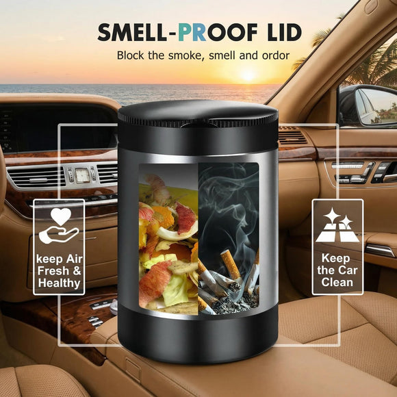 Ashtray with Lid Smellproof & Smokeproof Cup Holder Ashtray Portable Mini Car Trash Can Detachable Aluminum Alloy Smokeless Car Ashtray with Automatic LED Light