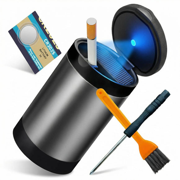Ashtray with Lid Smellproof & Smokeproof Cup Holder Ashtray Portable Mini Car Trash Can Detachable Aluminum Alloy Smokeless Car Ashtray with Automatic LED Light