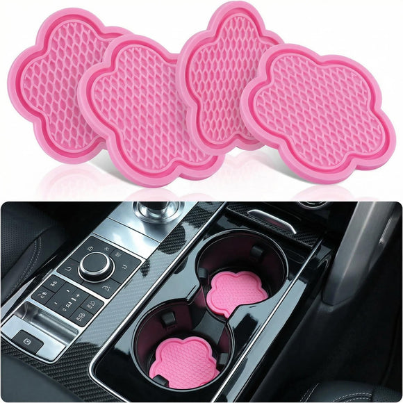 Universal Non-Slip Cup Holder Coaster 4pcs PVC Flower Shaped Crystal Car Accessory (Pink)