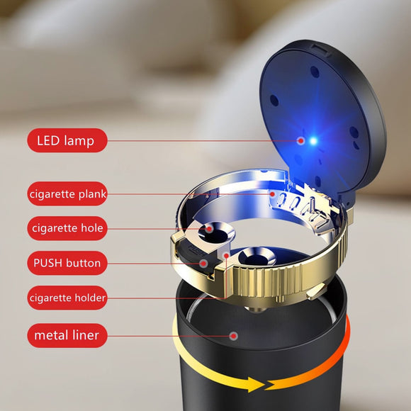 Car Ashtray with lid Portable Ash Tray Gold Mini Car Trash Can with LED Blue Light Windproof for Outdoor Travel (Gold)
