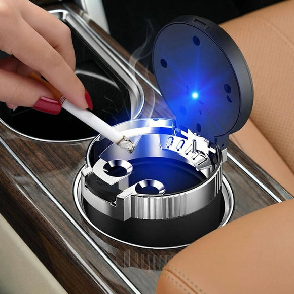 Car Ashtray with lid Portable Ash Tray Gold Mini Car Trash Can with LED Blue Light Windproof for Outdoor Travel (Gold)