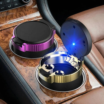 Car Ashtray with lid Portable Ash Tray Gold Mini Car Trash Can with LED Blue Light Windproof for Outdoor Travel (Gold)