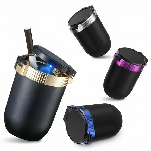 Car Ashtray with lid Portable Ash Tray Gold Mini Car Trash Can with LED Blue Light Windproof for Outdoor Travel (Gold)