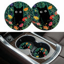 Car Coasters for Cup Holders2.75 Anti Slip Rubber Mat with A Finger Notch 2 Pack Car Cup Holder Coasters for Car Interior Accessories for Women Men Flower Balck Cat-1