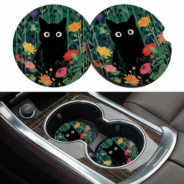 Car Coasters for Cup Holders2.75 Anti Slip Rubber Mat with A Finger Notch 2 Pack Car Cup Holder Coasters for Car Interior Accessories for Women Men Flower Balck Cat