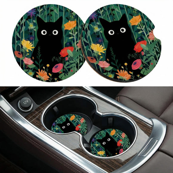 Car Coasters for Cup Holders2.75 Anti Slip Rubber Mat with A Finger Notch 2 Pack Car Cup Holder Coasters for Car Interior Accessories for Women Men Flower Balck Cat