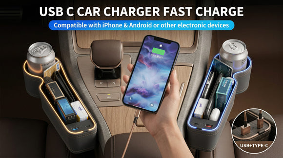 7 Color Led Car Seat Gap Filler Organizer Drive Side Car Seat Pocket Gap Filler Car Seat Gap Organizer with USB+C Fast Charger Console Side Seat Storage fit for iPhone Android(Driver seat)