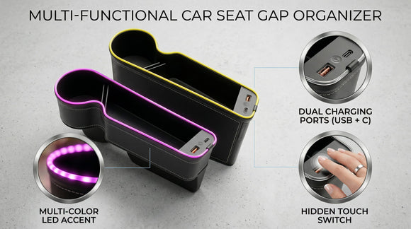 7 Color Led Car Seat Gap Filler Organizer Drive Side Car Seat Pocket Gap Filler Car Seat Gap Organizer with USB+C Fast Charger Console Side Seat Storage fit for iPhone Android(Driver seat)