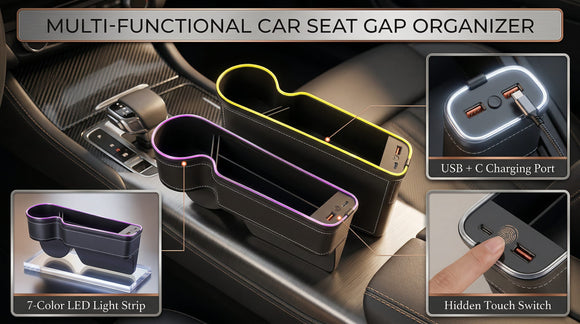 7 Color Led Car Seat Gap Filler Organizer Car Seat Pocket Gap Filler with USB+C Fast Charger Car Gap Organizer Storage 2023 Console Side Seat Gap Filler fit for Passenger Side(Black-passenger side)