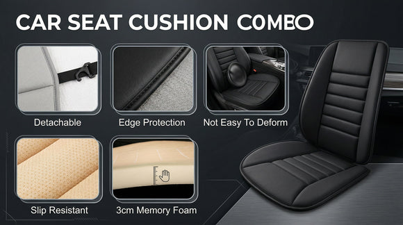 Car Seat Cushion and Back Support Pillow 1.2 Thick Memory Foam Desk Chair Cushion Back Support for Automotive Seat Driver Travel Leg and Back Pain Relief Washable Adjustable Black
