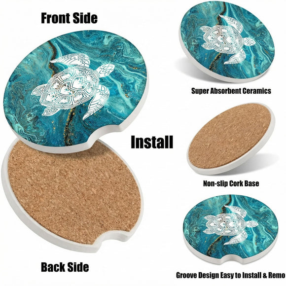 Cup Holders Car Coasters - Sea Turtle Marble Absorbent Ceramic Coaster Drink Cup Holder Coasters Auto Accessories for Women & Men Pack of 2