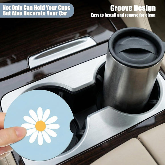 Cup Holders Car Coasters - White Daisy Flower Absorbent Ceramic Coaster Drink Cup Holder Coasters Auto Accessories for Women & Men Pack of 2