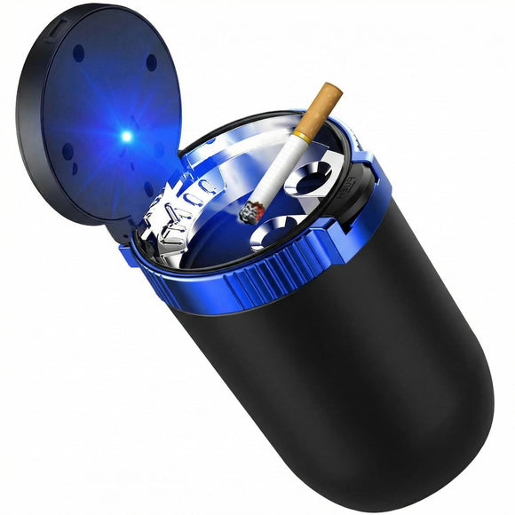Car Ashtray with Lid Detachable Stainless Smokeless Auto Ashtray Portable Mini Vehicle Trash Can with LED Blue Light Universal Interior Accessories for Cup Holder (Blue 1 PC)