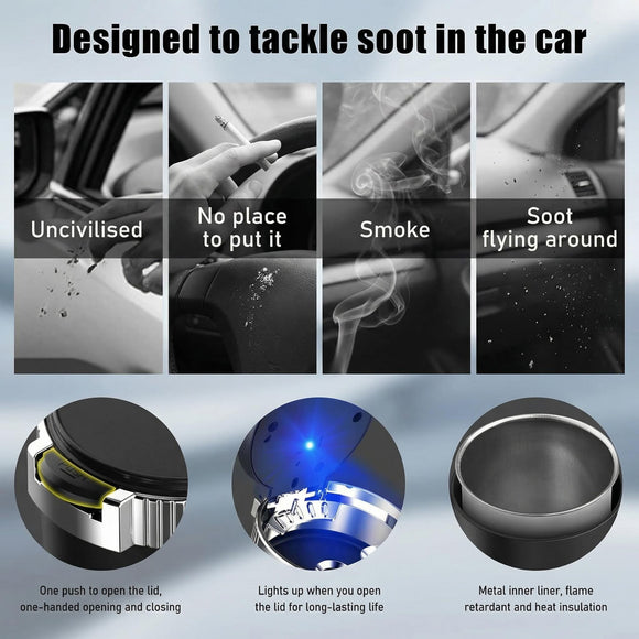 Car Ashtray with Lid Detachable Stainless Smokeless Auto Ashtray Portable Mini Vehicle Trash Can with LED Blue Light Universal Interior Accessories for Cup Holder (Blue 1 PC)
