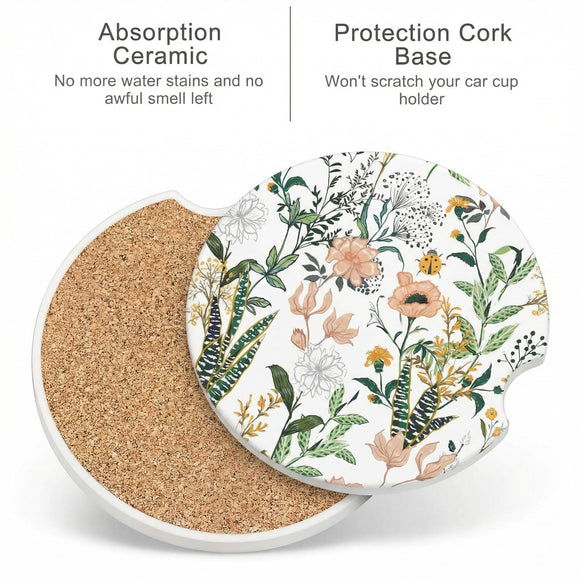 Car Cup Holder Coaster Car Coasters for Cup Holders 4 Pack Universal Anti Slip Insert Absorbent Ceramic Auto Interior Accessories with A Finger Notch & Cork Base Village Road Flowers