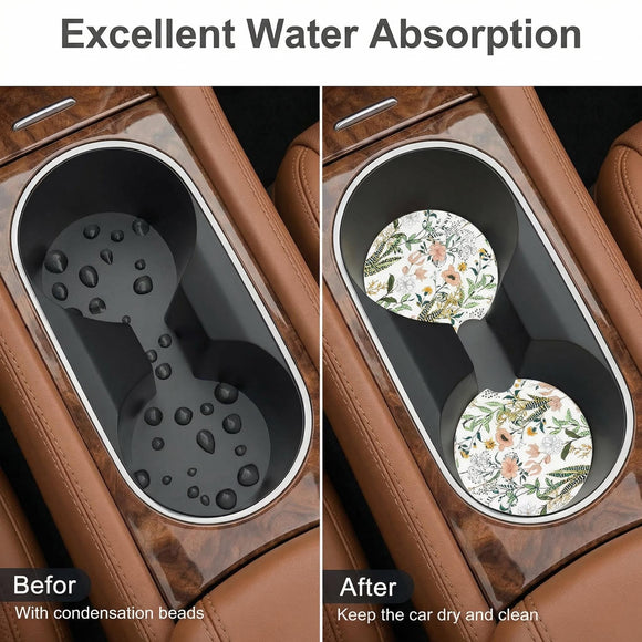 Car Cup Holder Coaster Car Coasters for Cup Holders 4 Pack Universal Anti Slip Insert Absorbent Ceramic Auto Interior Accessories with A Finger Notch & Cork Base Village Road Flowers