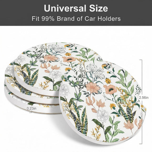 Car Cup Holder Coaster Car Coasters for Cup Holders 4 Pack Universal Anti Slip Insert Absorbent Ceramic Auto Interior Accessories with A Finger Notch & Cork Base Village Road Flowers